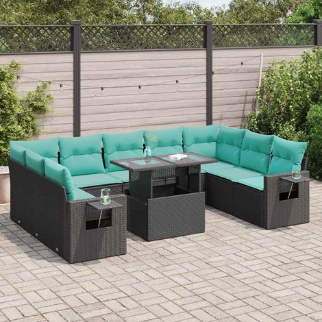 vidaXL Salon de jardin 10 pcs avec coussins noir résine tressée acacia (1/5)