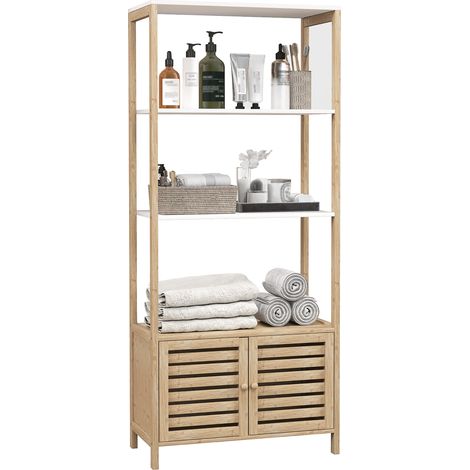 Säulen-Badezimmerschrank aus Bambus mit 3 Ablagen und 1 Schrankfach, 63 x 30 x 138 cm, Naturholz und Weiß
