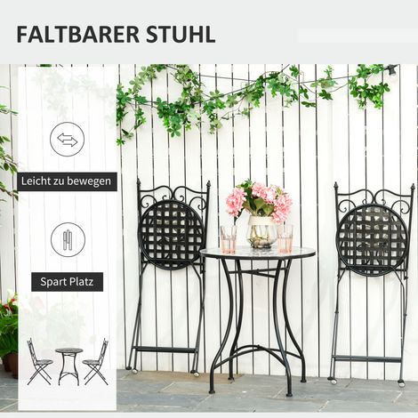 Ensemble de jardin 2 places, mobilier de balcon, table en mosaïque + fauteuils pliants, métal, carreaux céramique, multicolore