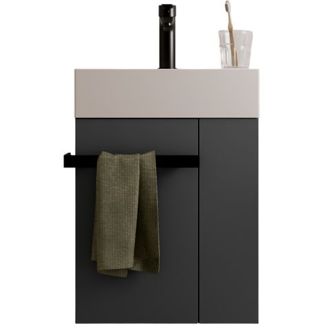 Waschtischunterschrank Gäste-WC Bernstein COMPACT 450 mit Waschbecken 45 cm Regal rechts Badmöbel: Anthrazit matt, Metallgriff: Schwarz matt