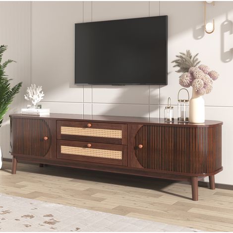 Meuble TV 170x46x39.5 cm naturel en MDF avec portes et tiroirs en rotin (1/5)