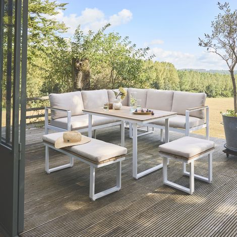 Salon de jardin PAMPAS 8 places en bois d'acacia et aluminium. coussins beiges en polyester. avec table rectangulaire Blanc / Beige