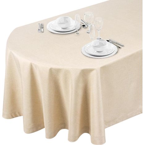 Nappe ovale Beige 155x215cm, Infroissable, Aspect lin, Fait main