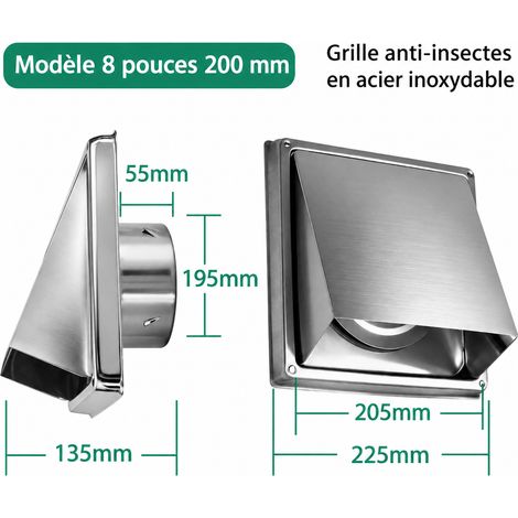 Grille d'aération murale 200 mm 8 pouces en acier inoxydable 304 avec clapet et grille anti-insectes 8 200mm 23 × 23 × 14 cm 690 g – Livraison gratuite