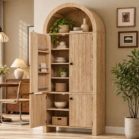 Vitrine 78 x 40 x 180 cm portes grillagées Meuble de Rangement tiroirs portes coloris bois forme arquée (1/5)