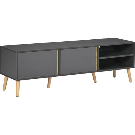 Meuble TV pour télévision jusqu'à 55 pouces scandinave 2 portes 2 niches avec passe-câbles 150 x 35 x 45 cm gris foncé (1/5)