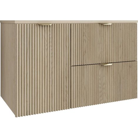 Mobile bagno con frontale scanalato 100 cm (60+40) con cesto portabiancheria, rovere cremonese (MDF), con maniglia oro, 100 x 47 x 60 cm (1/5)