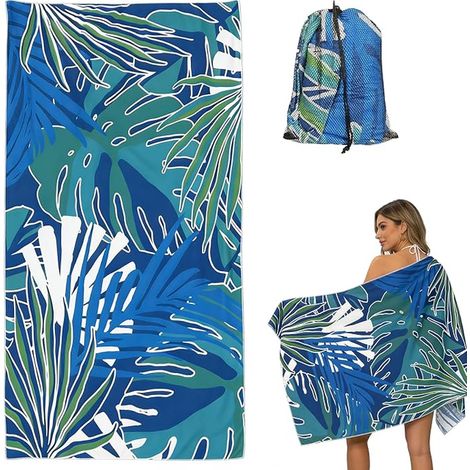 Serviette de Plage Microfibre 180 X 100cm,Drap de Plage,Couverture de Bain avec Pochette de Rangement,Sécheresse,Bord de mer,Voyages,Sauna,Piscine,Feuille