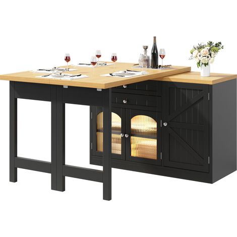 CHICFURN Mesa isla de cocina extensible y giratoria 360°, 120-194 cm, con vitrinas de vidrio, cajones y puertas con estantes, acabado negro para comedor (1/5)