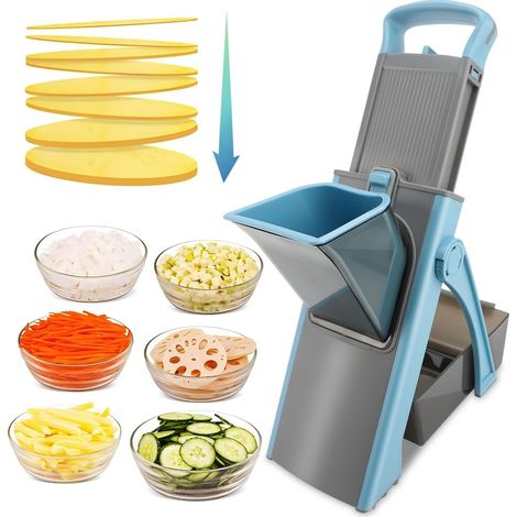 Mandoline Cuisine Manuelle, Safety Slicer Coupe Frites Légume Multifonction Hachoir Manuel Épaisseur Ajustable - Julienne, Tranche, Lanière, Dé, Cube Patate Carotte Concombre Tomate, Bleu (1/5)