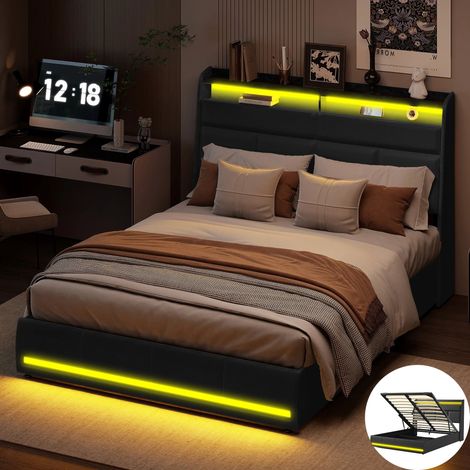 Lit Coffre 160 x 200 avec Sommier, Lit 2 Personnes avec LED, Tête de lit Rangement, lit Double avec à Lattes, Lit Rembourré PU, Noir (1/5)