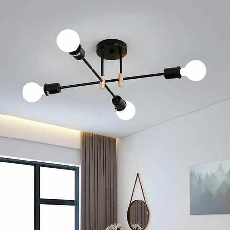 Vintage Industrial E27 Chandelier, Retro Semi Flush Mount Sputnik Ceiling Light, 4 Lights Metal Ceiling Light Fixture for Living Room, Bedroom, Kitchen, Balcony, Dining Room (Black) (1/5)