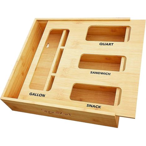 Organisateur de rangement tiroir cuisine SpaceAid bambou, compatible sacs de différentes tailles (gallon, quart, sandwich, goûter), couleur naturelle (1/5)