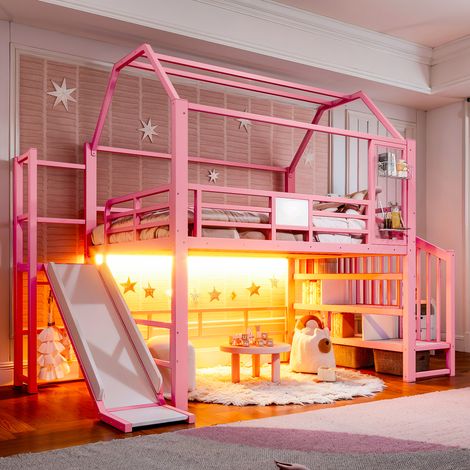 Rosa Metall Hochbett Hausform für Kinder mit Rutsche, Treppe, Stauraum & Bluetooth-gesteuerter LED-Beleuchtung, geprüft nach EN 747, Matratzengröße 140 x 200 cm (1/5)