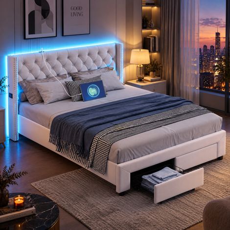 JOOKGBD-Letto contenitore 160x200 cm,Letto matrimoniale imbottito con 2 cassetti,illuminazione LED e porte USB,rete a doghe inclusa,per adulti e adolescenti,Velluto,Beige