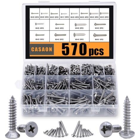 INHHUB 570pcs Self Tapping Screws Assortment, M3/M4/M5/M6, 304 Stainless Steel Sheet Metal Screws Kit, Phillips Drive Wood Screws Assortment 570pcs (285pcs Round Head and 2 (1/5)