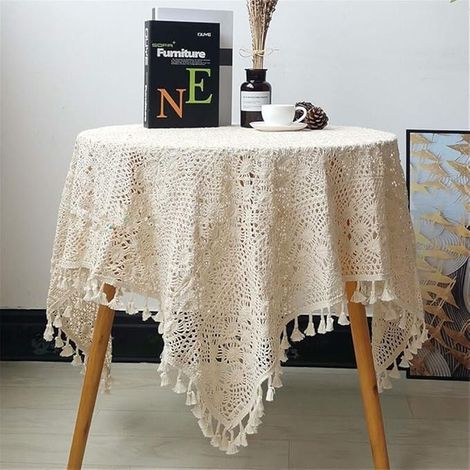 nappes vintage en crochet, nappes en dentelle, nappe carrée en coton beige (1/5)