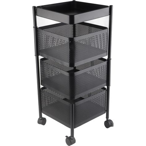 Cuisine Rangement Rotatif Support Métal Stable Panier Tournant avec Roues pour Fruits Légumes Carré Noir 3 Niveaux (1/5)