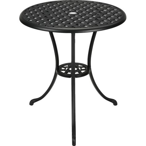Mesa de bistró para exteriores, redonda, de aluminio fundido resistente, color negro. (1/2)