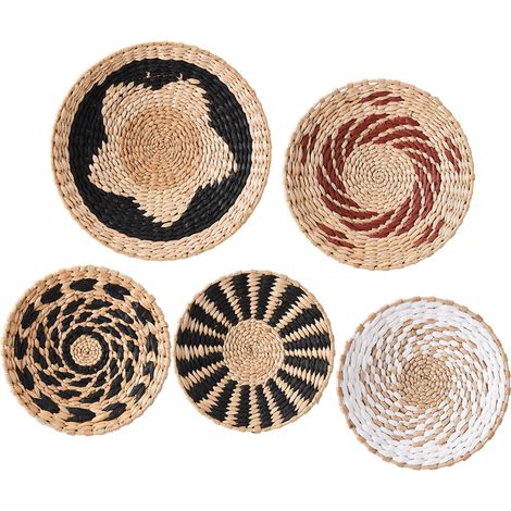 Decoración de pared estilo bohemio hecha de fibras naturales – paquete de 5 en diferentes formas (A1 20 cm + A2 20 cm + A3 20 cm + B2 25 cm + B9 30 cm) – Tejida a mano para un ambiente cálido