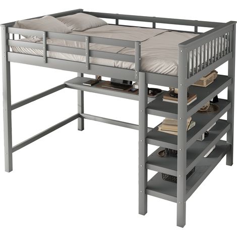 Lit mezzanine 140x200 enfant avec bureau sous lit et étagères intégrées, structure en bois et MDF gris, sans matelas, idéal pour chambre ado – CHICFURN (1/5)