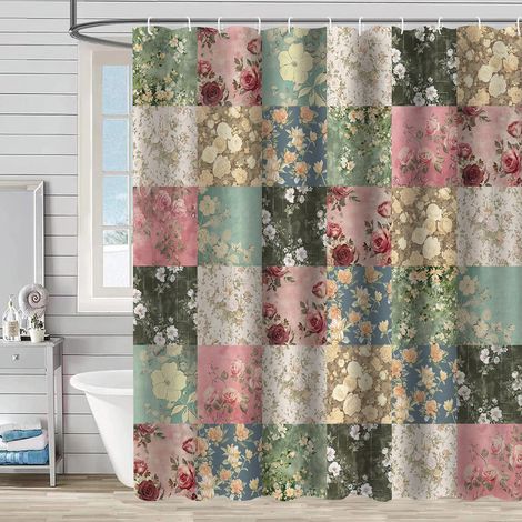 Rideau de salle de bain bohème 180×200 cm – imprimé floral vintage patchwork – motif végétal fleurs et feuilles – tissu polyester imperméable (1/5)
