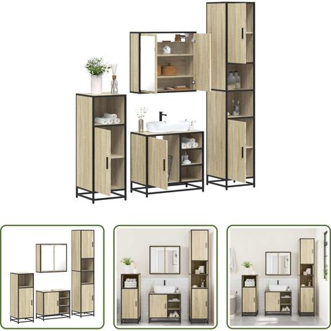 vidaXL Meuble vasque - Ensemble de meubles de salle de bain 4 pcs chêne sonoma (1/5)