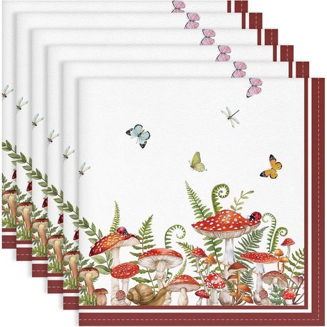 Serviettes de Table Lot de 6, Serviettes en Tissu 100% Coton Champignon Rouge Doux et Confortable Réutilisables Serviettes pour Le Dîner en Famille Mariage Cuisine Printemps été(45cm×45cm) (1/5)