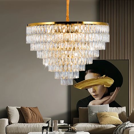 Extra grosser Luxus Kristall Kronleuchter Gold 80 cm Haengeleuchte mit 17x E14 mehrstufige Pendellampe hoehenverstellbar elegante Deckenlampe fuer grosse Wohnzimmer