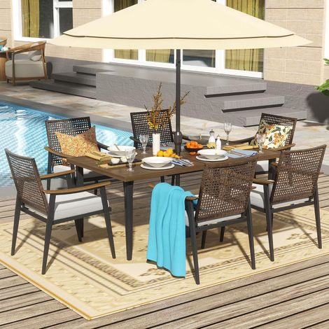 NATURAL EXPRESSIONS 7-teiliges Garten-Essgruppe für 6 Personen,Outdoor Möbelset, Rattanstühle mit Kissen und 165 cm großem Esstisch mit 4,2 cm Schirmloch für Terrasse, Garten, Veranda, Pool, Beige (1/5)
