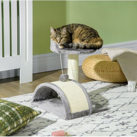Arbre à chat en sisal et polyester gris, structure à plusieurs niveaux pour griffer, jouer et se reposer, 35,5 x 37 x 46 cm (1/5)