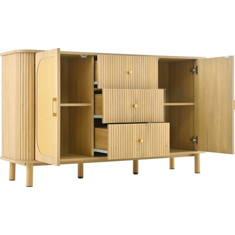 TV-Sideboard aus MDF in Natur, 140 x 40 x 80 cm, mit Rattantüren und 3 Schubladen (1/5)
