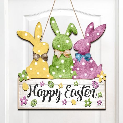 Cartello pasquale in legno per porta con coniglietto fresco - Ghirlanda pasquale da 32 x 37 cm per porta d'ingresso, decorazione primaverile e per negozi. (1/5)
