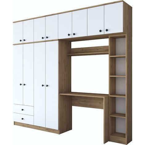 Armoire avec bureau et étagères intégrés Virro L240cm Bois foncé et Blanc (1/5)