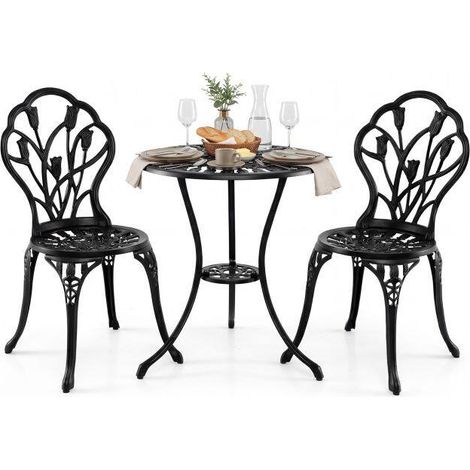 Cast Aluminum Garden Furniture Set, Outdoor Table and Chairs, Weatherproof, with Parasol Hole, Tulip Pattern (1/5)