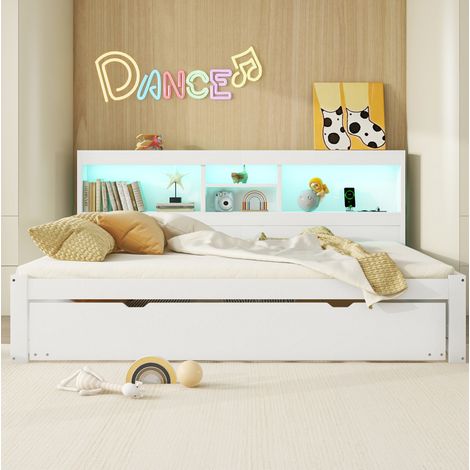 Lit gigogne 140x200 cm MDF et panneaux blanc avec LED gain de place sans matelas – MEUBLIV (1/5)