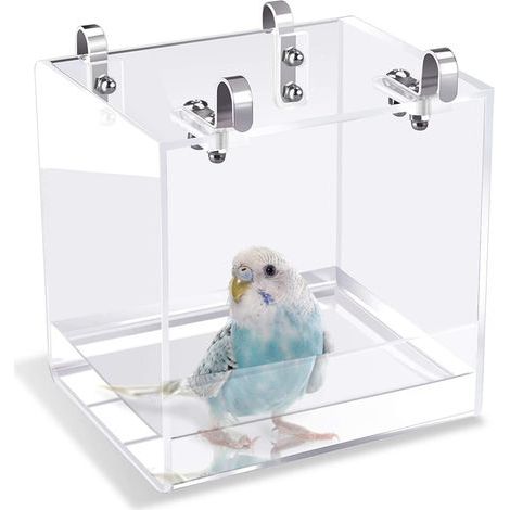 Bain suspendu cubique pour oiseaux, baignoire pour oiseaux, boîte de bain, accessoires de cage, petits oiseaux, canaris, alouettes, perroquets, cacatoès, inséparables (16x16x16cm, transparent) (1/5)