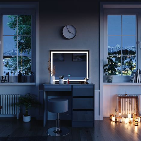 Schminktisch Sherry, Grau, 90 cm mit LED Spiegel und Hocker, Vicco