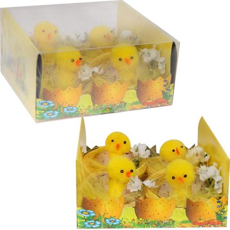 Osterküken-Set in Eierschalen mit Blumen und Heu - 4-teilig (1/3)