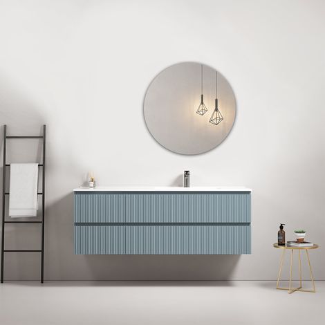 Mobile bagno sospeso cannettato 140 cm Blu Avio Lavabo a Destra in Resina Specchio Tondo - Fiji Paint (1/4)
