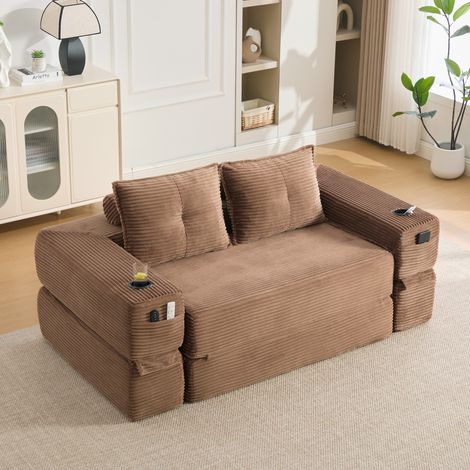 Sofá cama de 2 plazas (180x98x80 cm), convertible, con bolsillo lateral y portavasos, de corduroy marrón (1/5)