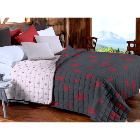 Couvre-lit matelassé « Edelweiss » gris - Microfibre douce à motif rouge, rembourrage léger, fabriqué en Italie Cm. 260x260