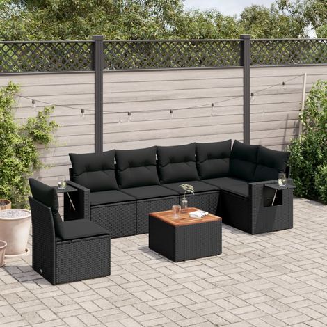 vidaXL Set de comedor de jardín 7 pzas y cojines ratán sintético negro (1/5)