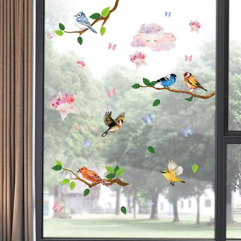 Decal Fenêtre Double Face - Autocollant Vitre Sans Colle - Oiseaux et Branche d'Été - 2 Feuilles de 10 x 69 cm (1/5)