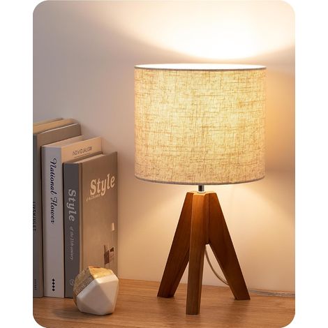 Lampe de table trépied, petite lampe de chevet mignonne, 36 cm, culot E26 Pied en bois brun clair, abat-jour beige lin, lampe de chevet pour chambre d'enfant, chambre à coucher, chambre d'enfant, sal (1/5)