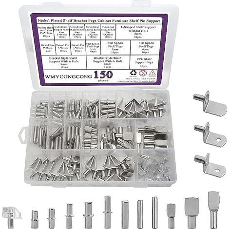 150pcs Shelf Pegs Kit 7 Styles Shelf Pegs Shelf Support Pegs Shelf Brackets for Cabinet Shelf Pegs for Shelves Bookshelf Cupboard Nickel Plated Metal (1/5)