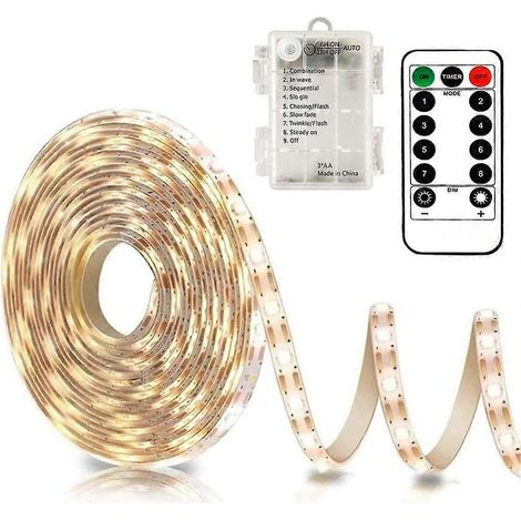 Bande LED de 3 m avec télécommande, 90 LED, étanche, 8 modes d'éclairage, intensité réglable, minuterie, autocollante et sécable pour miroir de chambre