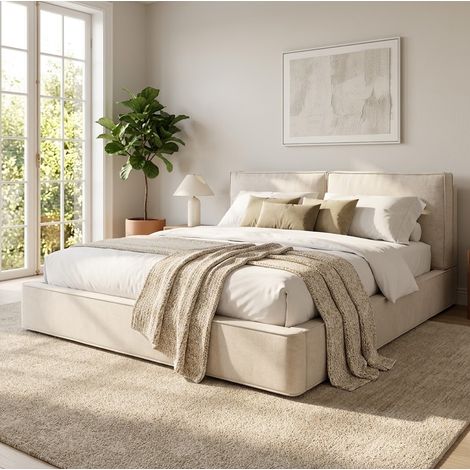 Lit coffre avec tête de lit chenille beige HAVRYA (1/5)