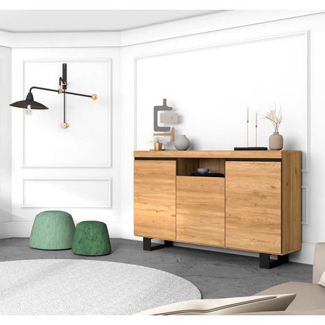 Skraut Home - Credenza Soggiorno Sala da pranzo Ufficio Colore ''Rovere/Nero'' 3 Porte 1 Vano 140x40x92 cm, Nordico (1/4)