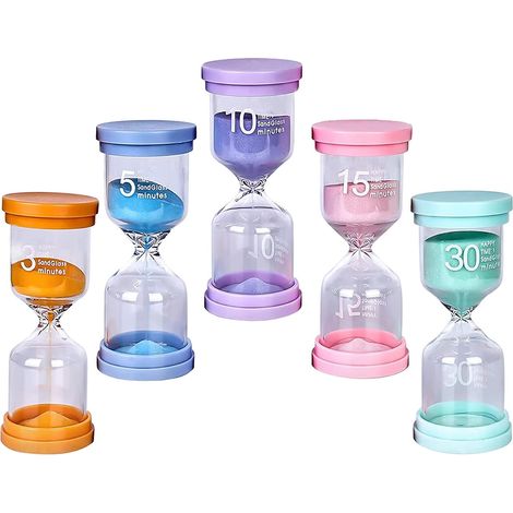 Lot de 5 sabliers colorés – Minuteurs de cuisine / Sabliers – Outils de gestion du temps pour écoles, bureaux et diverses activités nécessitant un chronométrage (durées : 3, 5, 10, 15 et 30 minutes) (1/5)
